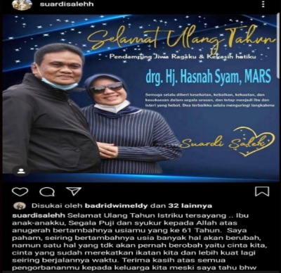 Romantisnya Ucapan Suardi Saleh di Hari Ulang Tahun sang Istri