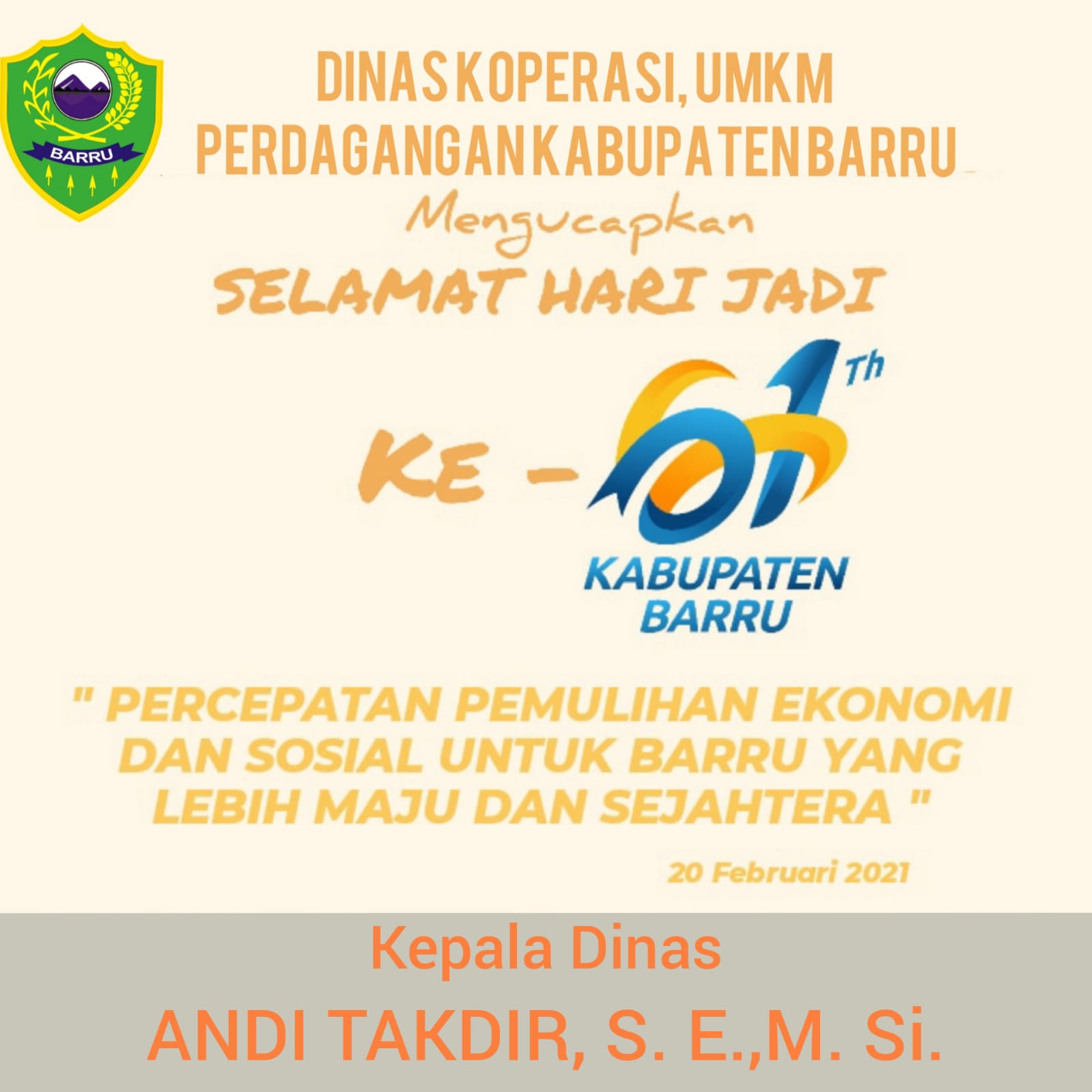 Pimpinan dan Staf Dinas Koperasi UMKM Perdagangan Ucap Selamat Hari Jadi Barru Ke-61