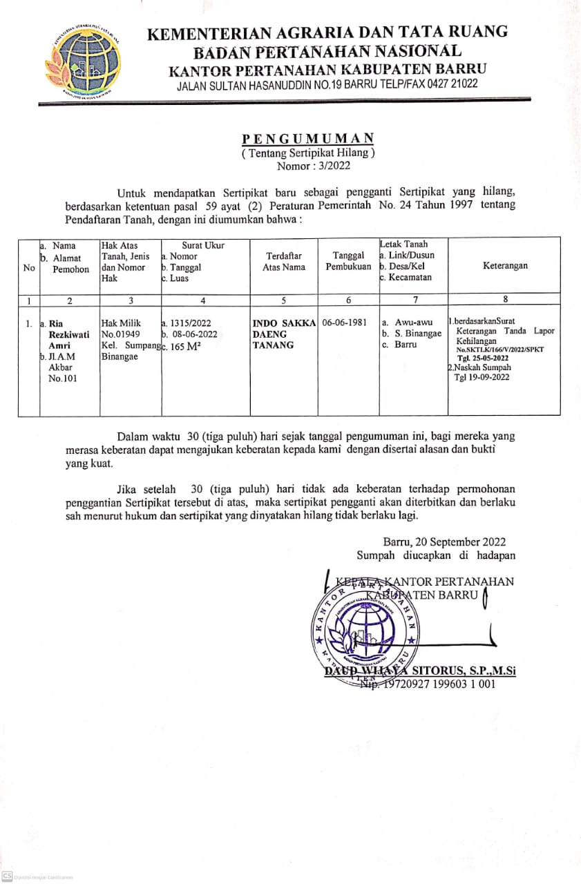 Pengumuman Sertifikat Hilang