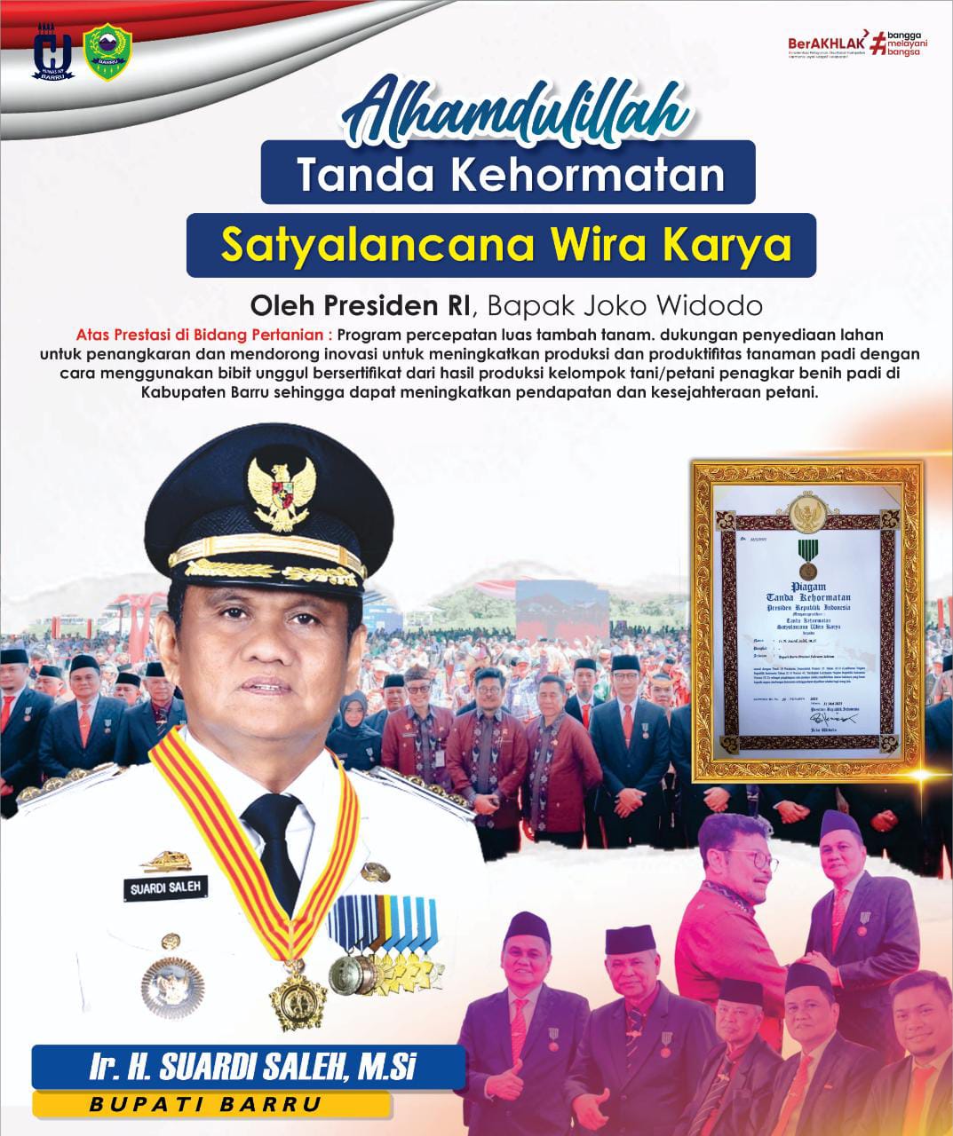 Berhasil Bangun Bidang Pertanian, Suardi Saleh Terima Tanda Kehormatan Satyalancana Wirakarya Dari Presiden Jokowi